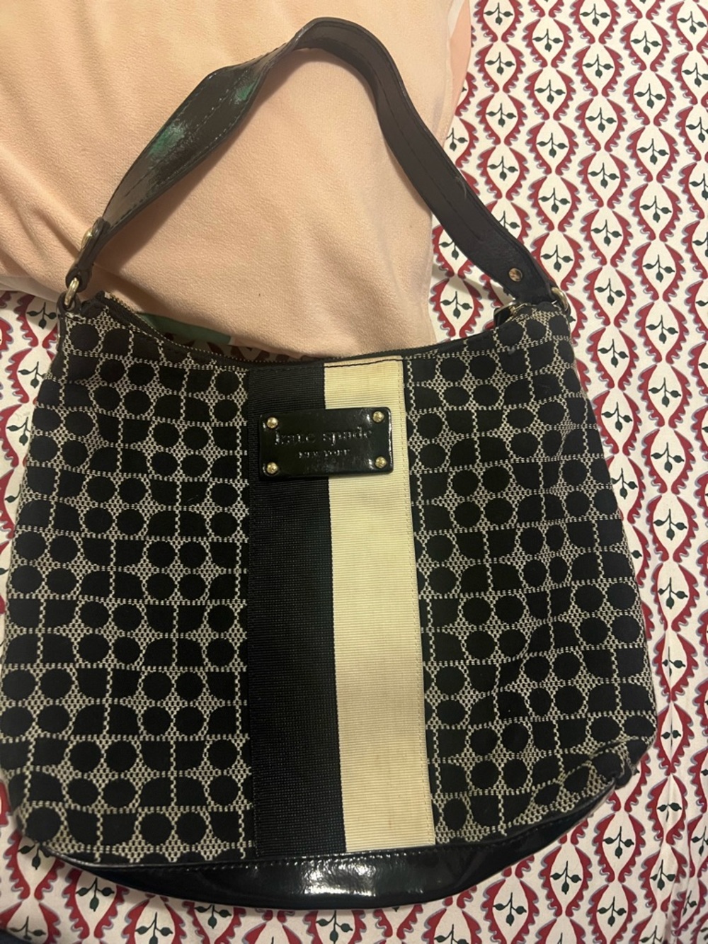 kate spade Black & Cream Canvas Shoulder Hobo with Center Stripe